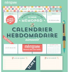 Mémopad calendrier hebdomadaire aimanté 2027 - Design 12 mois septembre 2026-août 2027