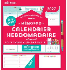 Mémopad calendrier hebdomadaire aimanté 2027 - 16 mois, septembre 2026 à décembre 2027