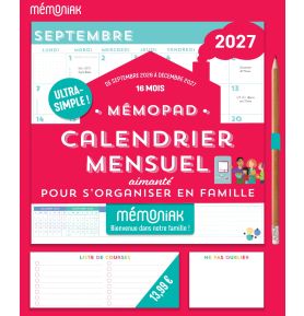 Mémopad calendrier mensuel aimanté 2027 - 16 mois, septembre 2026 à décembre 2027