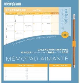 Mémopad calendrier mensuel aimanté 2027 - Mes Indispensables by Mémoniak 12 mois septembre 2026-août 2027