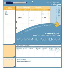 Pad mensuel calendrier aimanté tout-en-un 2027, sept. 2026-déc. 2027