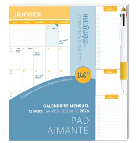 Calendrier mensuel janv-déc 2026 - Pad aimanté avec stylo 4 couleurs