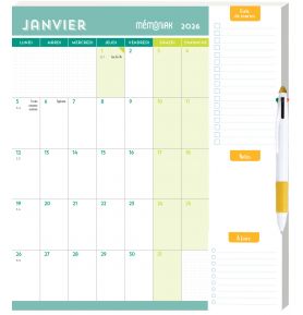 Calendrier mensuel janv-déc 2026 - Pad aimanté avec stylo 4 couleurs