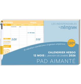 Calendrier hebdomadaire janvier-décembre 2026 - Pad aimanté avec stylo 4 couleurs